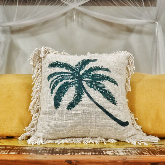 Linen Cushion Cover 45x45cm Palm Tree with Fringe