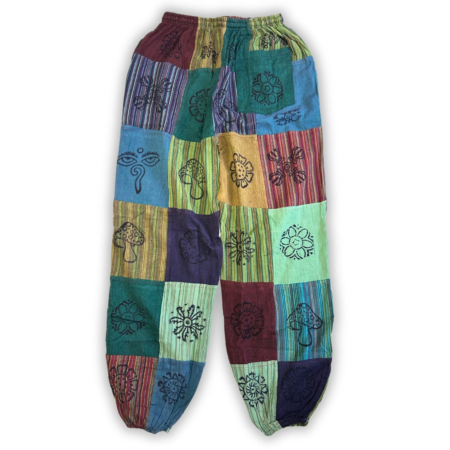 Nomad Sari - Mushroom Pants - Block Print Designs - Green Tones L/XL