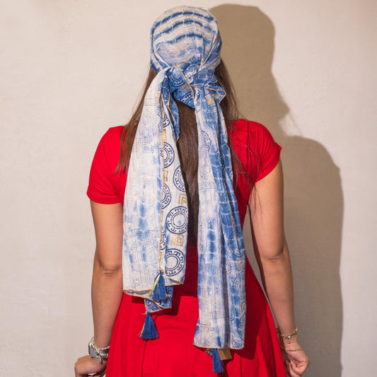 Nomad Sari Summer Marbella Print Scarf - Blue with Gold (180x50cm)