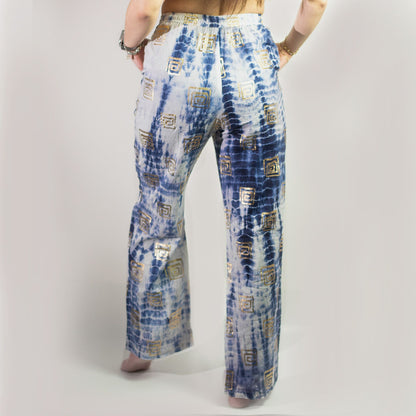 Nomad Sari Lounge Pants (L/XL) – Blue Tie-Dye with Gold Greek Motif
