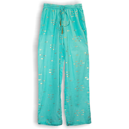 Nomad Sari Lounge Pants (M/L) – Turquoise with Hand-Painted Gold Fish Design