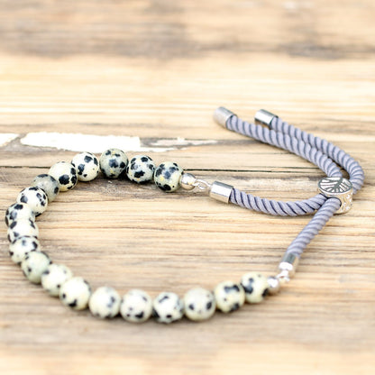925 Silver Plated Gemstone Charcoal String Bracelet - Dalmatian Jasper