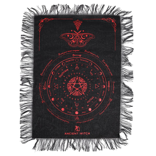 Ancient Witch Pendulum Divination Cloth - Mystic Moth - Black & Blood Red