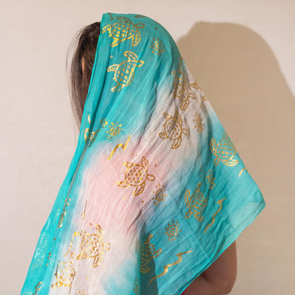 Nomad Sari Summer Turtle Print Scarf – Turquoise (180×50 cm)