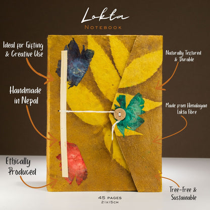 Lokta Bold Floral Notebook – Large (21x15cm) – 45 Leaves – Includes Bookmark – Mustard Brown