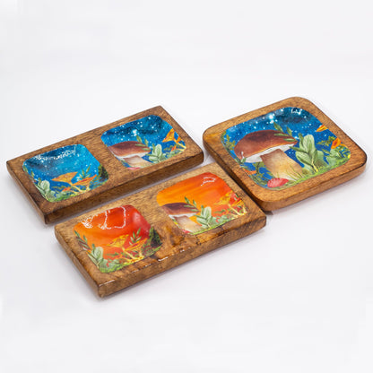 Double Trinket Tray 20x10x2.5cm - Mushroom Design Maroon