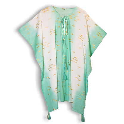 Nomad Sari Kaftan – White & Turquoise with Gold Fish Print
