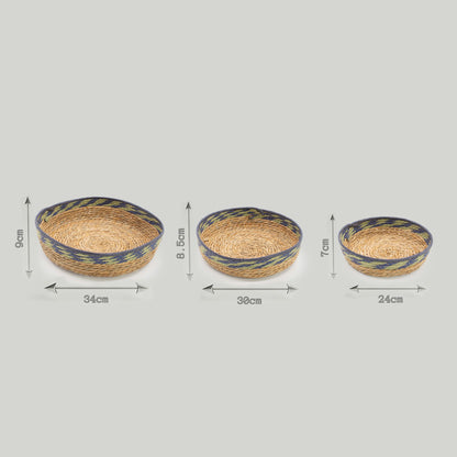 Straw & Seagrass Tray Baskets - Natural Green & Blue- Set of 3