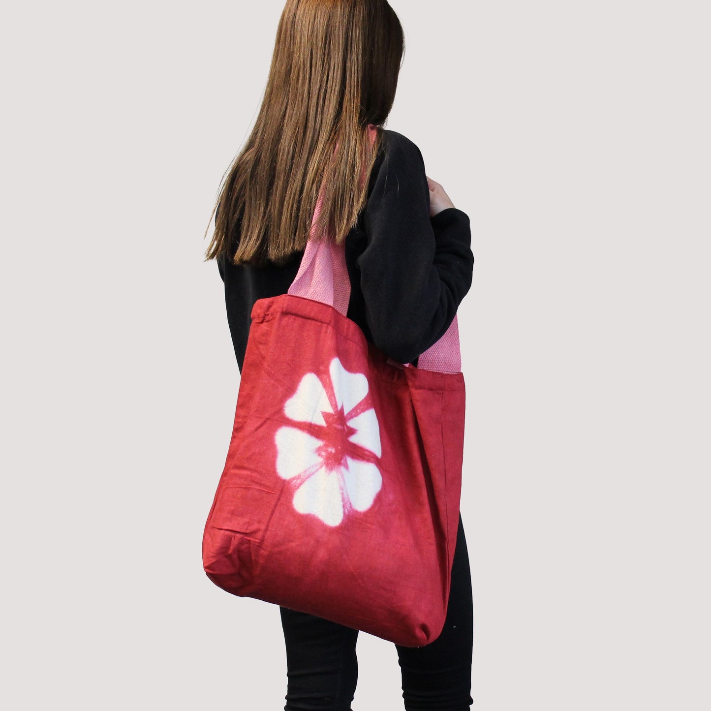 Natural Tye-Dye Cotton Bag (8oz) - 38x42x12cm - Blue Flower - Blue Handle