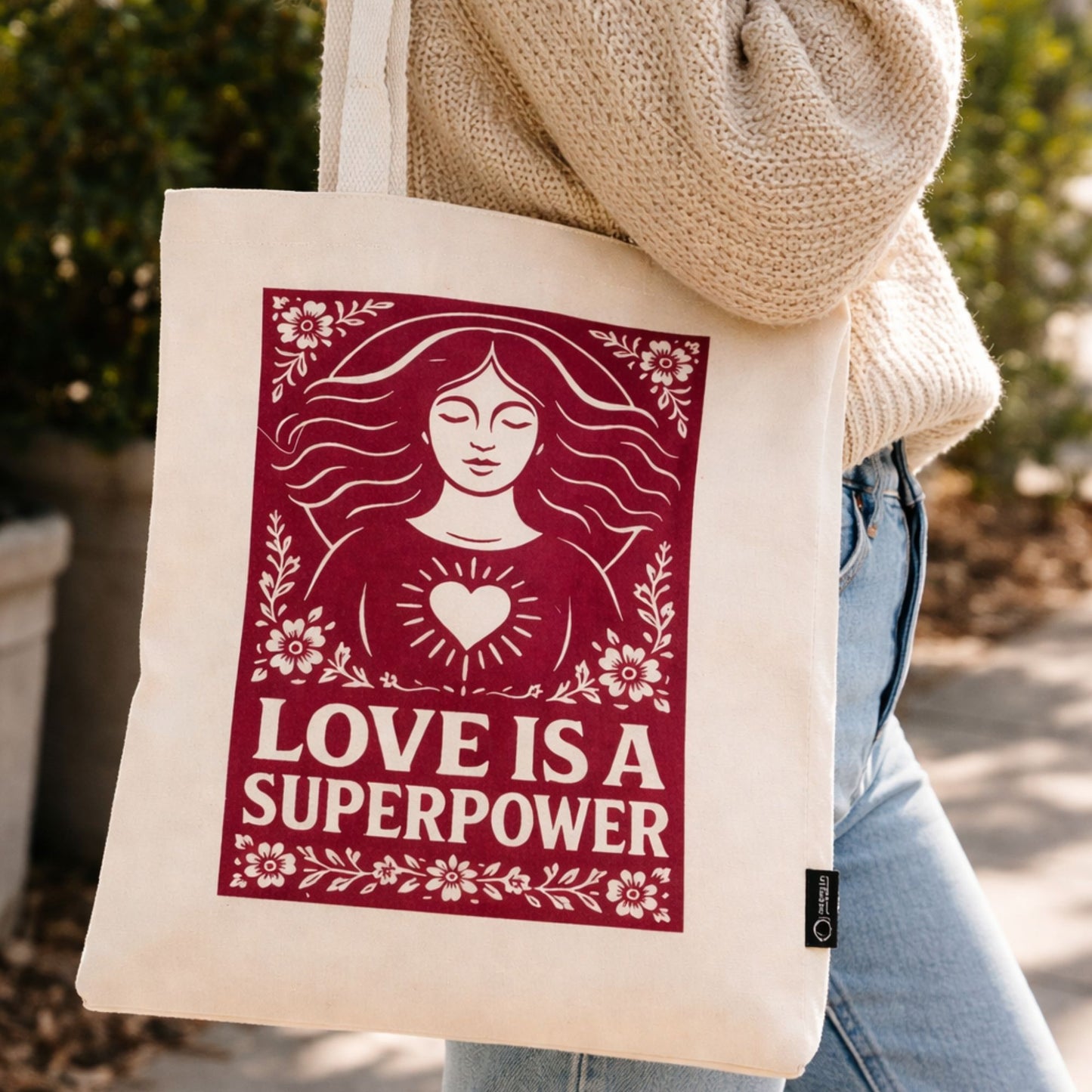 Nomad Sari Iconic Toni Tote Bag - Love is a Super Power - Natural 10oz